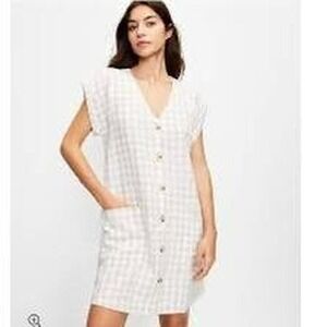 Lou & Grey 100% Linen Beige Gingham Shift Dress Size M Cottagecore